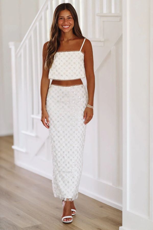 Floral Sparkle Crop Top and Midi Skirt Set - Cream Floral Sparkle Crop Top and Midi Skirt Set - Cream